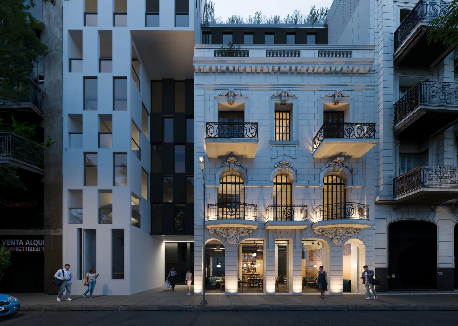 Fachada del edificio Montserrat nocturna